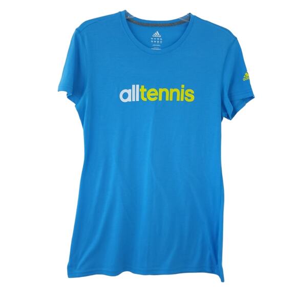 Adidas Climalite All Tennis Short Sleeve Tee Large Blue Yellow Womens Athletic - Picture 1 of 5